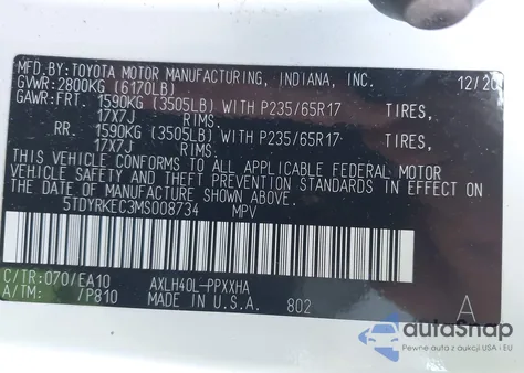 2021 Toyota Sienna Xle z USA, uszkodzony, nr VIN 5TDYRKEC3MS008734